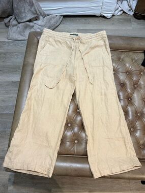 Lauren Ralph Lauren 100 Linen Wide Leg Drawstring Pants Tan Size 12 Summer Beach